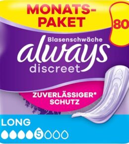 Always Discreet Inkontinenzeinlagen Long, 80 Binden (4 x 20 Stück) Monatspaket, diskreter Schutz & hohe Saugstärke, geruchsneutralisierend (Verpackung kann variieren)