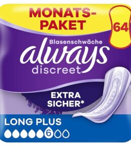 Always Discreet Inkontinenzeinlagen Long Plus, 64 Binden (4 x 16 Stück) Monatspaket, diskreter Schutz & hohe Saugstärke, geruchsneutralisierend (Verpackung kann variieren)
