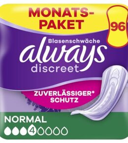 Always Discreet Inkontinenzeinlagen Normal, 96 Binden (4 x 24 Stück) Monatspaket, diskreter Schutz & hohe Saugstärke, geruchsneutralisierend (Verpackung kann variieren)