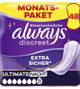 Always Discreet Inkontinenzeinlagen Plus Ultimate Nacht, 48 Binden (4 x 12 Stück) für Damen, starker Schutz, den Sie kaum spüren