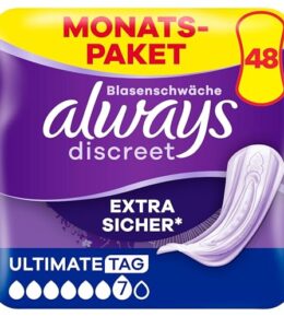 Always Discreet Inkontinenzeinlagen Ultimate Day, 48 Binden (4 x 12 Stück) für Damen, Monatspaket, starker Schutz bei Blasenschwäche, den Sie kaum spüren