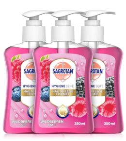 Sagrotan Handseife Brombeere und Waldfrüchte – Hygienische Flüssigseife – 3 x 250 ml Seifenspender