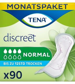 TENA Discreet Normal - 90 Einlagen im Monatspaket (6 x 15 Stück), einzeln verpackt - Hygieneeinlagen für Frauen - bei mittlerer Blasenschwäche und Inkontinenz